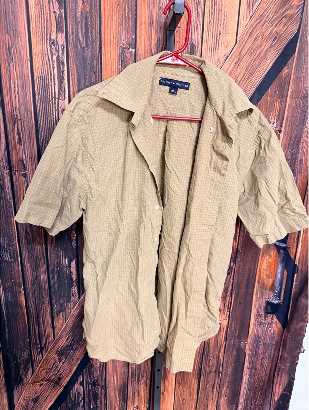 Tommy Hilfiger Men's Short Sleeve Button-Up Shirt Medium Beige Plaid